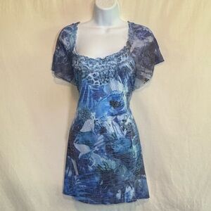 H-80  B.L.E.U. Blue Floral Sequin Detail Short‎ Sleeve Pullover Blouse Size L